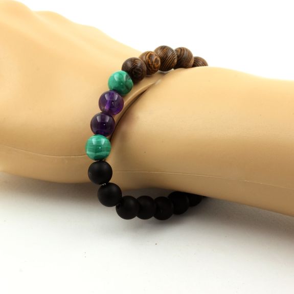 Bracelet Perles Malachite du Congo + Améthyste + Onyx noir mat + bois 8 mm.