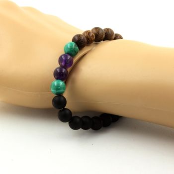 Bracelet Perles Malachite du Congo + Améthyste + Onyx noir mat + bois 8 mm.
