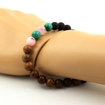 Malachite from Congo + Pink Opal + Matte Black Onyx + Wood Bracelet 8 mm Beads.