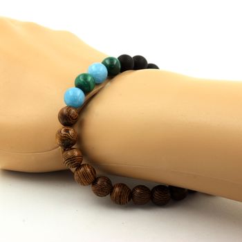Bracelet Perles Malachite du Congo + Calcédoine bleu + Onyx noir mat + bois 8 mm.
