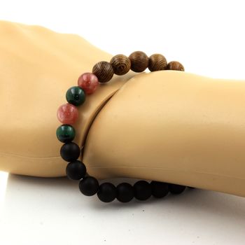 Bracelet Perles Malachite du Congo + Pierre de Soleil + Onyx noir mat + bois 8 mm.