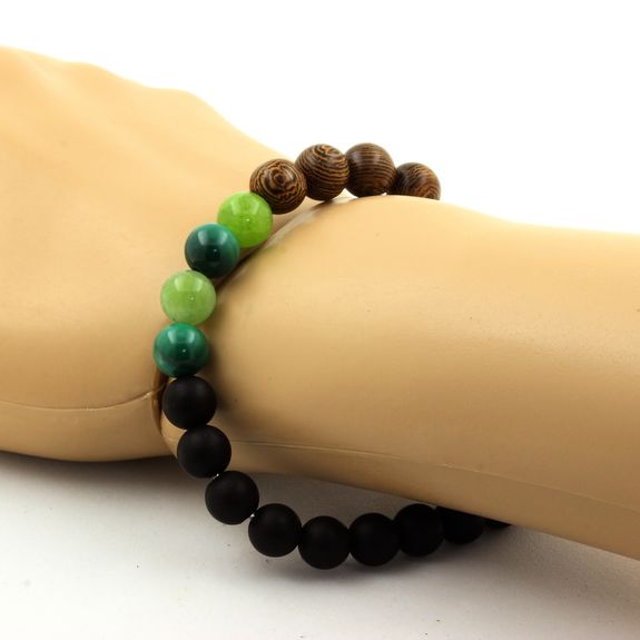 Bracelet Perles Malachite du Congo + Péridot + Onyx noir mat + bois 8 mm.