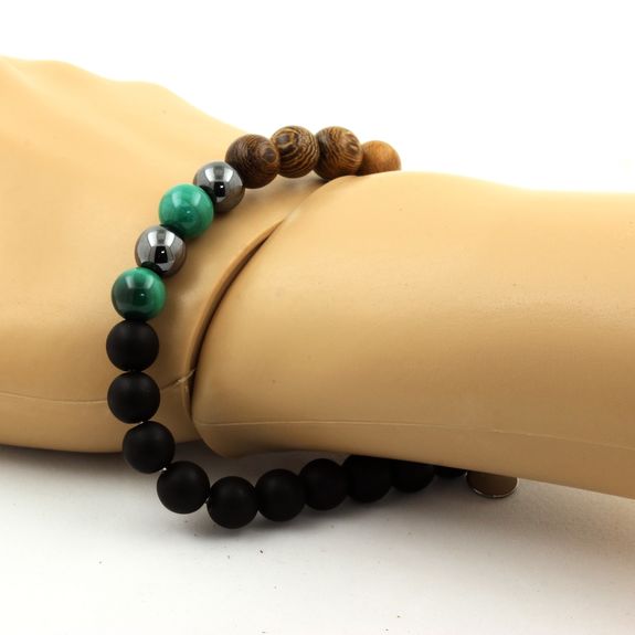 Bracelet Perles Malachite du Congo + Hématite + Onyx noir mat + bois 8 mm.