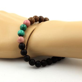 Bracelet Perles Malachite du Congo + Rhodonite + Onyx noir mat + bois 8 mm.