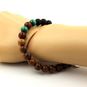 Bracelet Perles Malachite du Congo + Obsidienne Mahogany + Onyx noir mat + bois 8 mm.