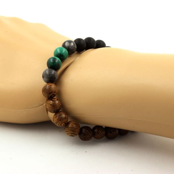 Malachite from Congo + Labradorite + Matte Black Onyx + Wood Bracelet 8 mm Beads.