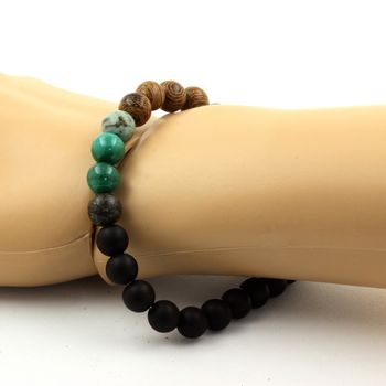 Bracelet Perles Malachite du Congo + Turquoise Africaine + Onyx noir mat + bois 8 mm.