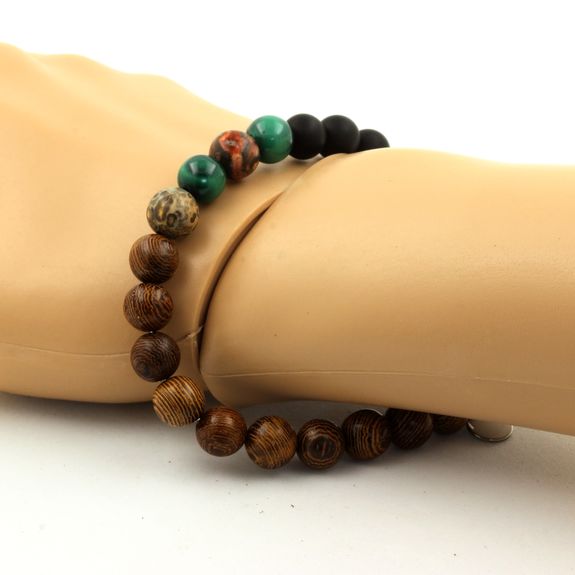 Bracelet Perles Malachite du Congo + Jaspe léopard + Onyx noir mat + bois 8 mm.