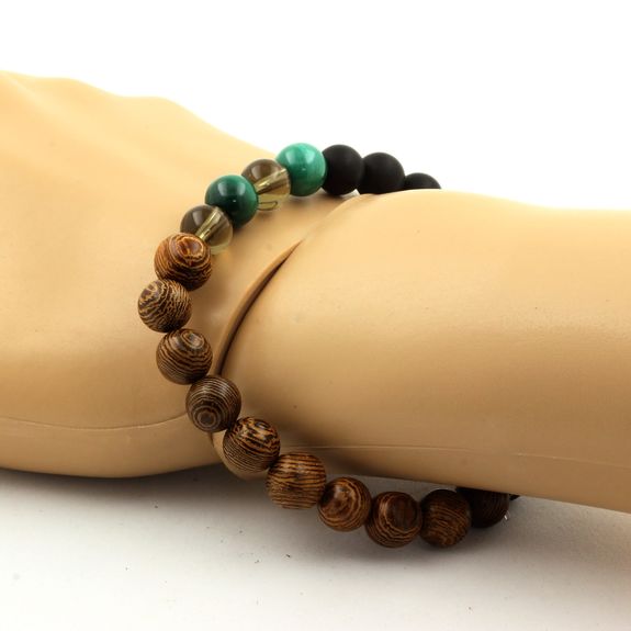 Bracelet Perles Malachite du Congo + Quartz fumé + Onyx noir mat + bois 8 mm.