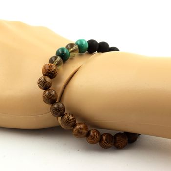 Bracelet Perles Malachite du Congo + Quartz fumé + Onyx noir mat + bois 8 mm.