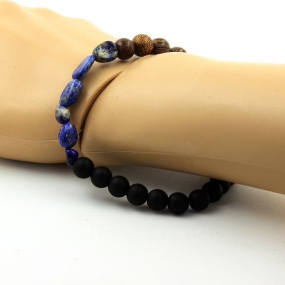 Bracelet Lapis Lazuli du Pakistan + Perles Onyx noir mat + bois 8 mm.