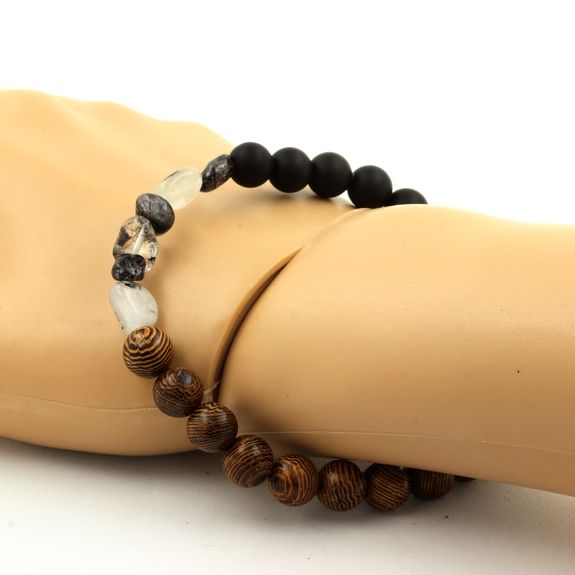 Bracelet Quartz à inclusions de Tourmaline du Brésil + Perles Onyx noir mat + bois 8 mm.