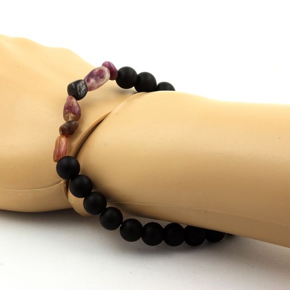 Bracelet Tourmaline Rubellite du Brésil + Perles Onyx noir mat 8 mm.