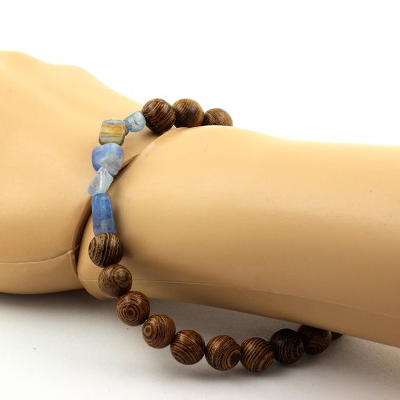 Bracelet Cyanite bleu du Brésil + Perles bois 8 mm.