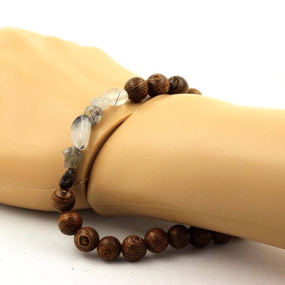 Quartz with Tourmaline inclusions from Brazil + wood Bracelet 8 mm Beads.