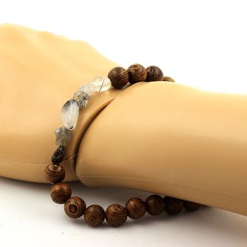 Quartz with Tourmaline inclusions from Brazil + wood Bracelet 8 mm Beads.