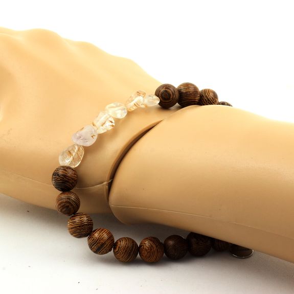 Bracelet Quartz Améthyste Rutile du Brésil + Perles bois 8 mm.