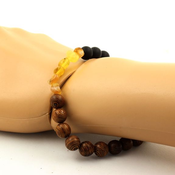 Yellow Opal from Australia + Matte black Onyx + wood Bracelet 8 mm Beads.
