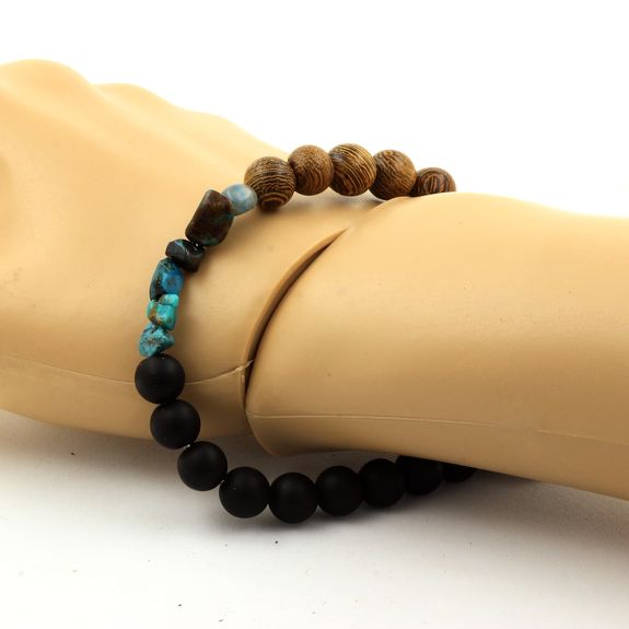 Bracelet Chrysocolle des USA + Perles Onyx noir mat + bois 8 mm.