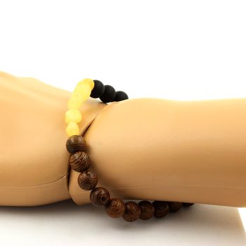 Yellow Calcite from UK + Matte Black Onyx + wood Bracelet 8 mm Beads.