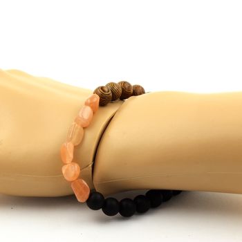 Bracelet Pierre de soleil de Tanzanie + Perles Onyx noir mat + bois 8 mm.