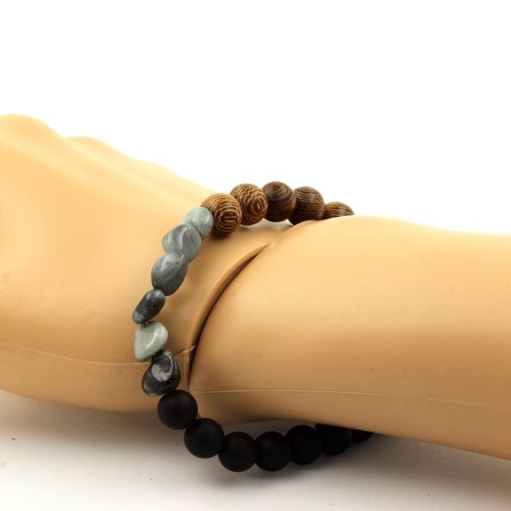 Hawk's Eye from South Africa + Matte Black Onyx + wood Bracelet 8 mm Beads.