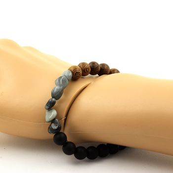 Hawk's Eye from South Africa + Matte Black Onyx + wood Bracelet 8 mm Beads.