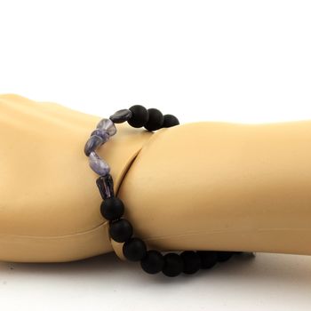 Bracelet Cordierite Iolite de Madagascar + Perles Onyx noir mat 8 mm.
