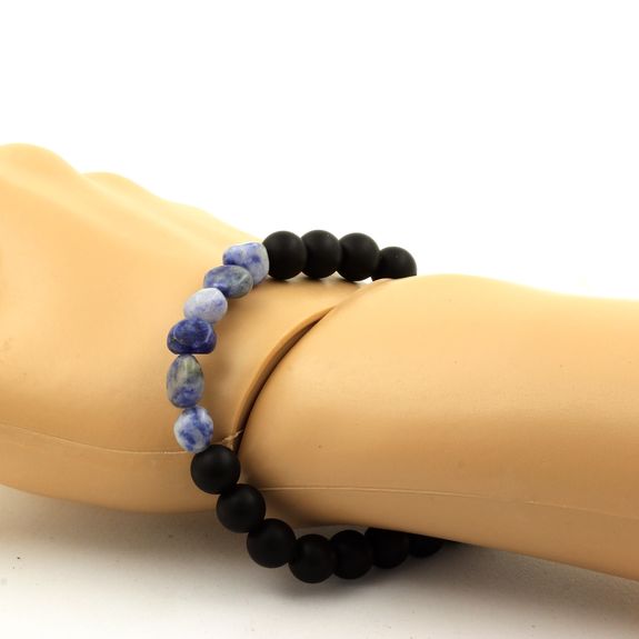 Bracelet Jaspe bleu d'Afrique du Sud + Perles Onyx noir mat 8 mm.