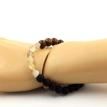Bracelet Quartz à Rutile doré du Brésil + Perles Onyx noir mat + bois 8 mm.