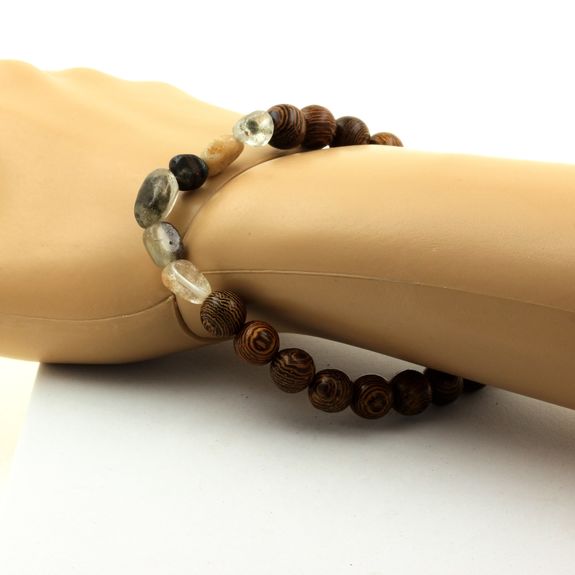 Bracelet Quartz fantôme vert du Brésil + Perles bois de 8 mm.