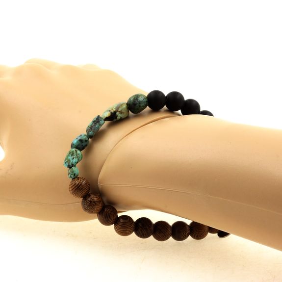 Bracelet Turquoise Africaine d'Afrique + Perles Onyx noir mat + bois 8 mm.
