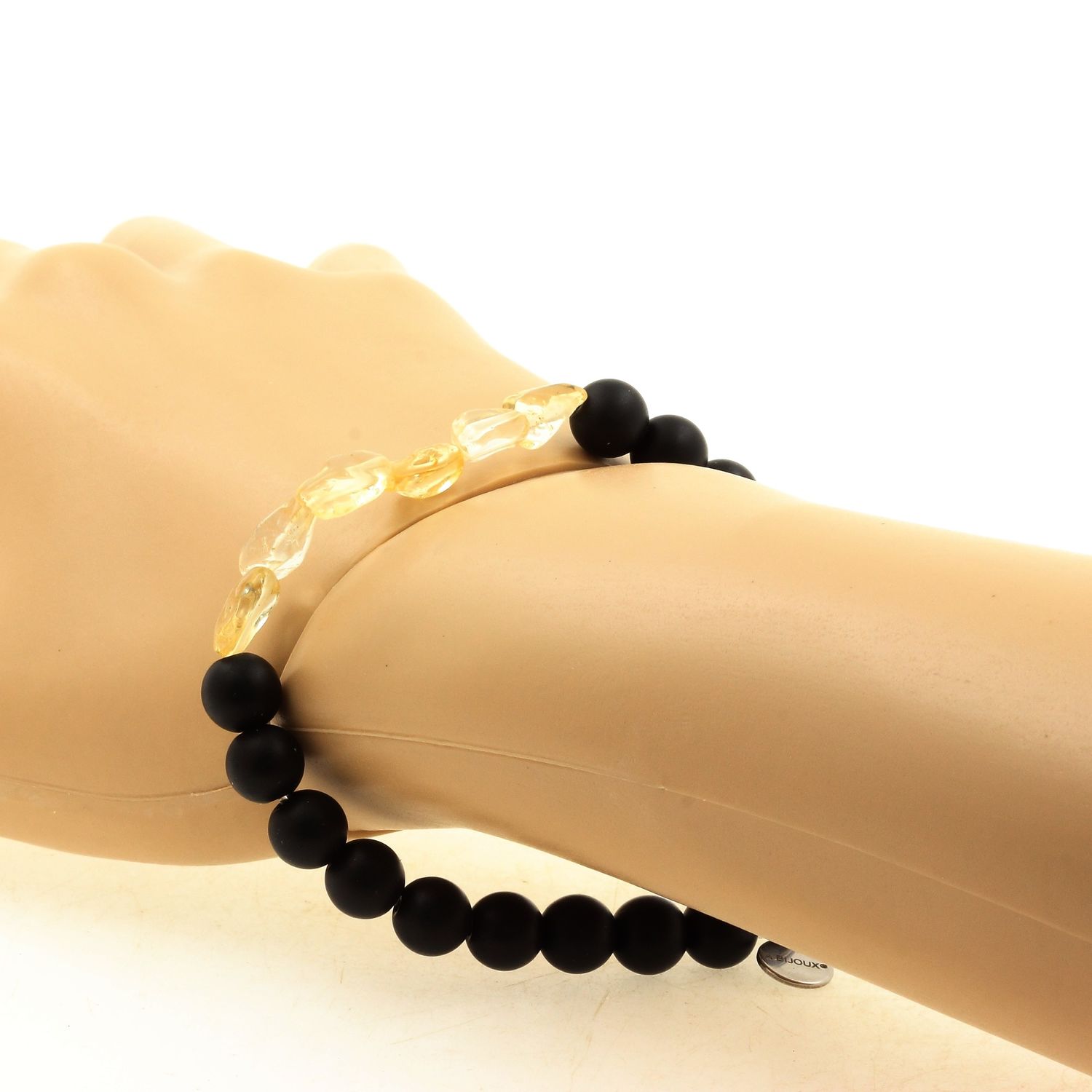 Bracelet Mixte Citrine Du Brésil & Onyx Noir & Bois - Perles 8 Mm - Fait Main En France