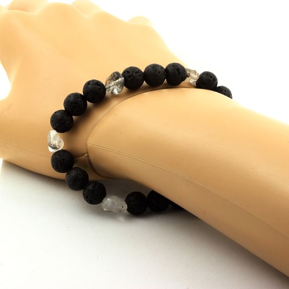 Quartz with Tourmaline inclusions from Brazil + Lava Bracelet 8 mm Beads.