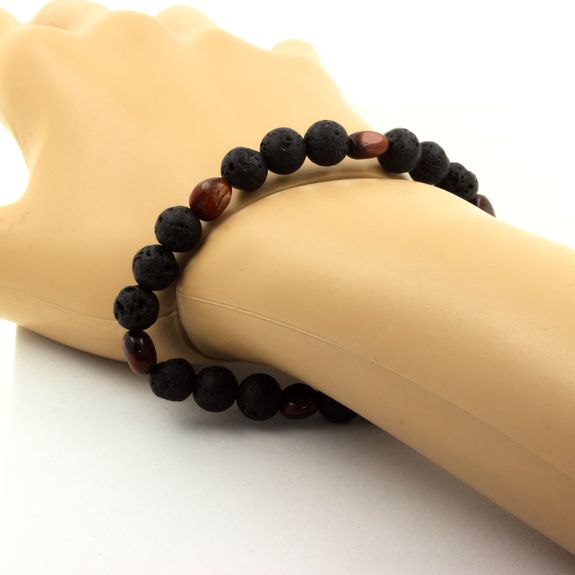 Red tiger's eye from Brazil + Lava Bracelet 8 mm Beads.