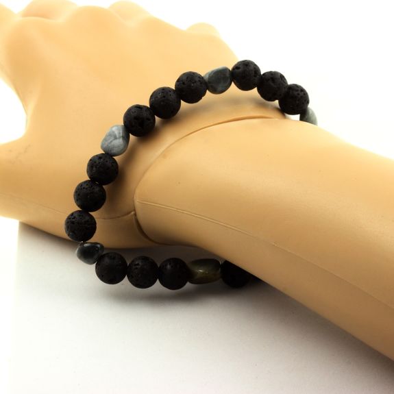 Bracelet Oeil de faucon d'Afrique du Sud + Perles Lave 8 mm.