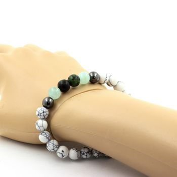 Bracelet Perles Epidote d'Australie + Hématite + Angélite + Howlite 8 mm.