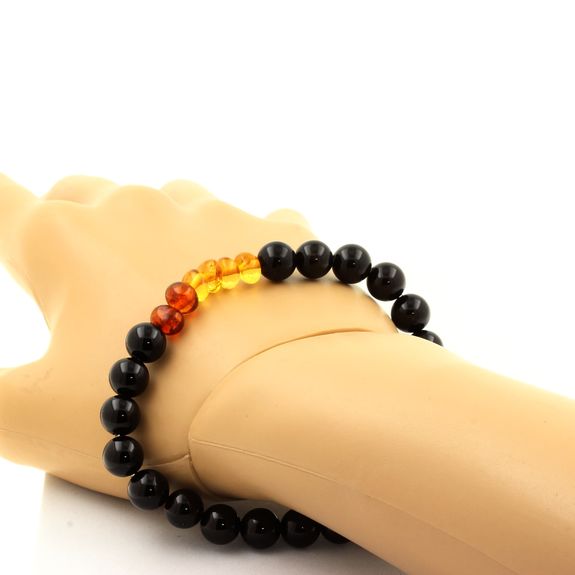 Genuine Baltic Sea Amber + Black Agate Bracelet 8 mm Beads.