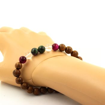 Bracelet Perles Epidote d'Australie + Oeil de Tigre Fuschia + Quartz + bois 8 mm.