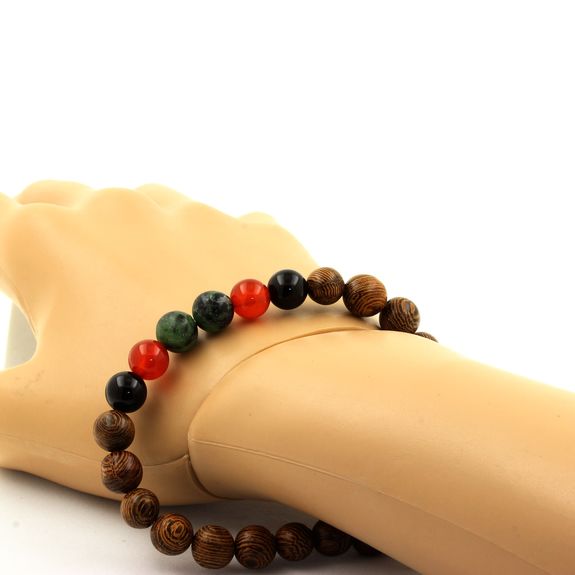 Bracelet Perles Epidote d'Australie + Cornaline d'Uruguay + Agate noire + bois 8 mm.