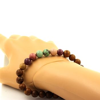 Bracelet Perles Chrysocolle de Namibie + Lépidolite + Rhodonite + bois 8 mm.