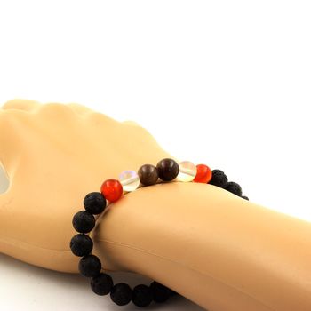 Bracelet Perles Rubis de Mogok, Birmanie, Myanmar + Quartz Titane + Obsidienne Mahogany + Lave 8 mm.