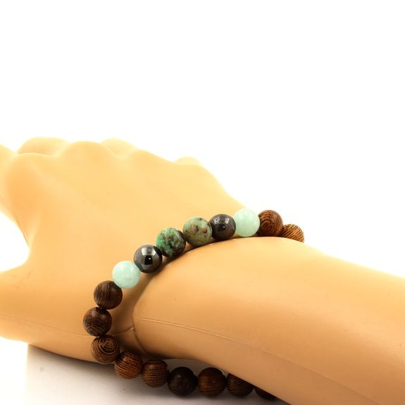Bracelet Perles Chrysocolle de Namibie + Hématite + Angélite + bois 8 mm.