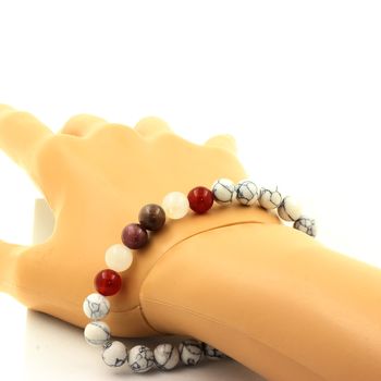 Ruby from Mogok, Burma, Myanmar + Red Agate + Moonstone + Howlite Bracelet 8 mm Beads.