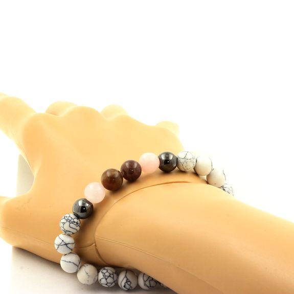 Bracelet Perles Rubis de Mogok, Birmanie, Myanmar + Quartz rose + Hématite + Howlite 8 mm.