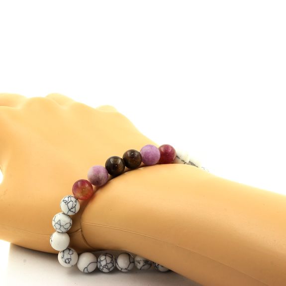 Ruby from Mogok, Burma, Myanmar + Matte purple Mica + bicolor Tourmaline + Howlite Bracelet 8 mm Beads.