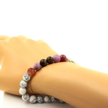 Ruby from Mogok, Burma, Myanmar + Matte purple Mica + bicolor Tourmaline + Howlite Bracelet 8 mm Beads.