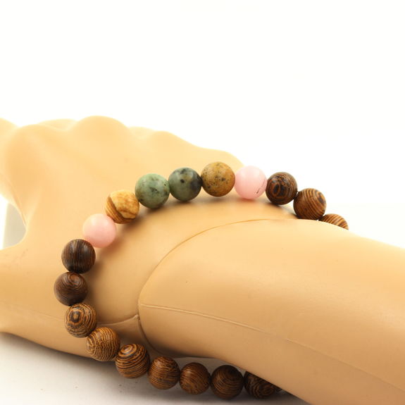 African Turquoise + Pink Opal + Landscape Jasper + wood Bracelet 8 mm Beads.
