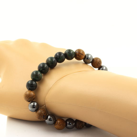 Bracelet Emeraude de Zambie + Perles Hématite + bois 8 mm.