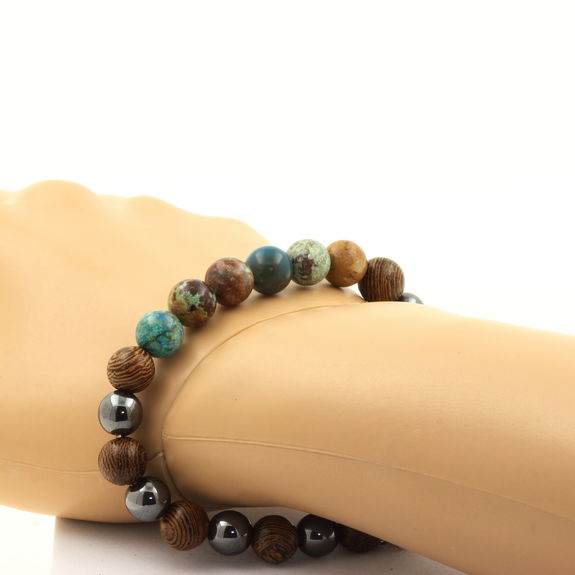 Bracelet Chrysocolle de Namibie + Perles Hématite + bois 8 mm.